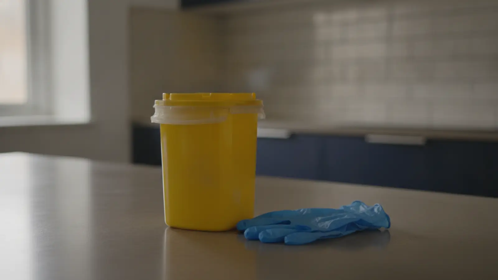 A sealed rigid sharps container and folded nitrile gloves on a clean, otherwise empty counter
